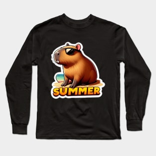 Cute summer capybara on the beach Long Sleeve T-Shirt